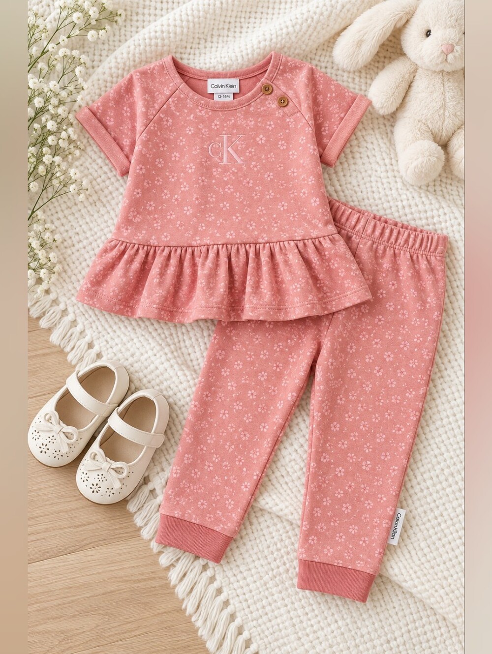 Calvin Klein Baby Girl Pink Floral Peplum 2-Piece Set